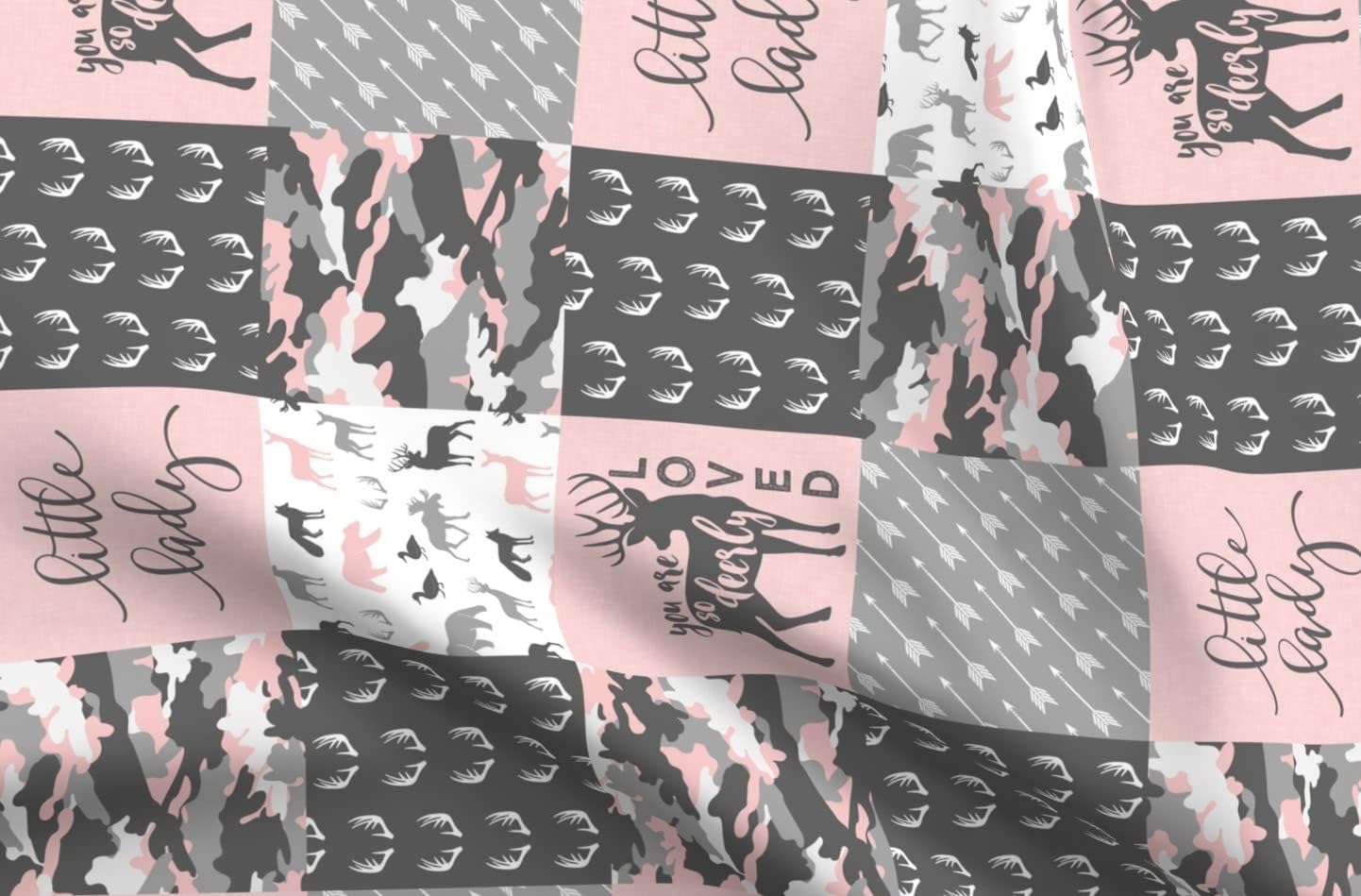 Spoonflower Fabric - You Loved Little Lady Pink Grey Camo Woodland Patchwork Girl Printed on Polartec(R) Fleece Fabric by The Yard - Sewing Blankets Loungewear and No-Sew Projects