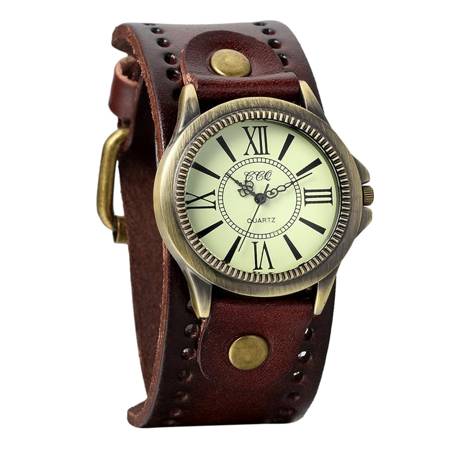 Avaner Leather Bracelet Watch, Retro Punk Cuff Watch, Roman