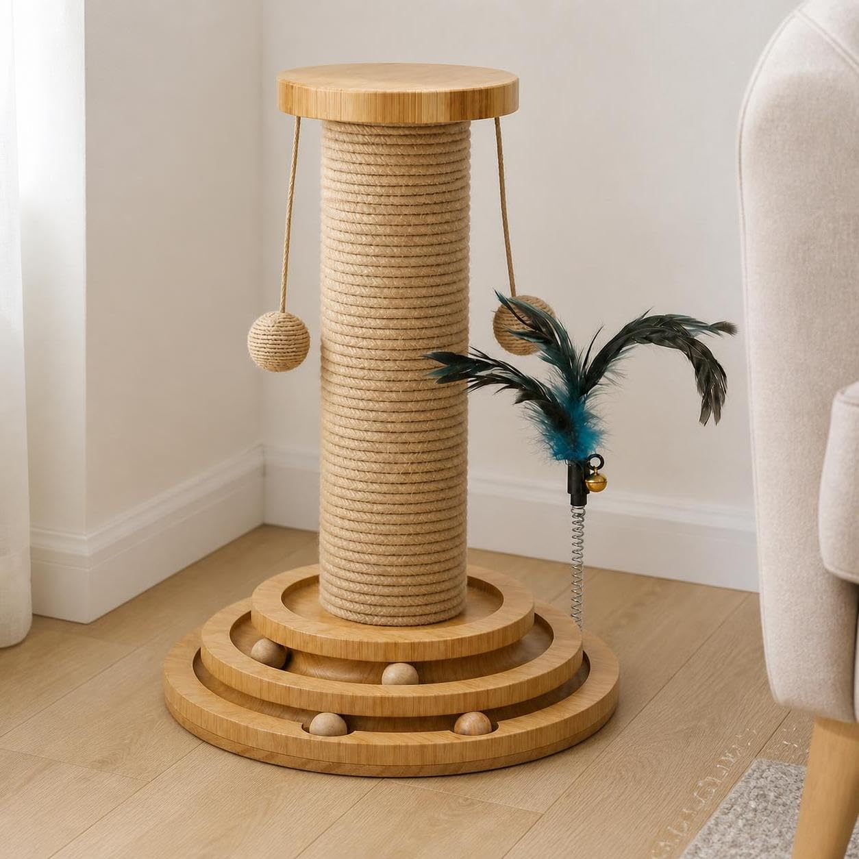 Kratzbaum für Katzen aus Sisal und mit Spielzeug, in-Eins-Design, rutschfest, Vier-in-Eins-Katzenkratzbaum