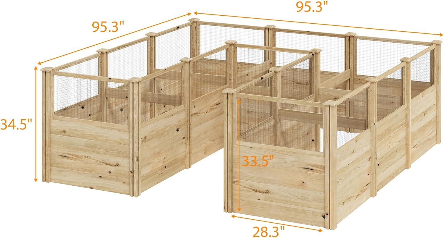 8x8 Ft Wooden Raised Garden Bed, Transformable Outdoor Planter Box with Elevated Iron Mesh, Open Base Cedar Garden Bed for Vegetables Flowers, Backyard Patio Garden,Natural