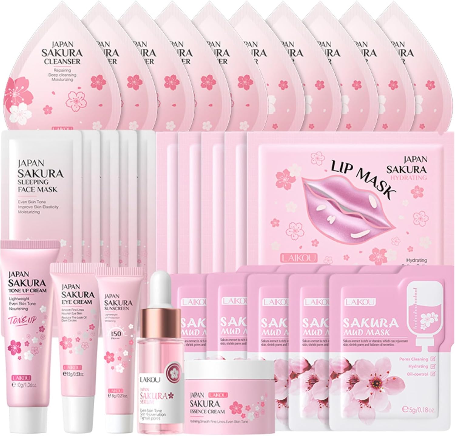 Sakura Skincare Set | 30PCS Facial Cleanser Set for Teenage Girls | Pamper Gift Sets with Cream, Serum, Toner, Eye Cream, Lip Mask, Mud Mask, Sleep Mask | Japanese Cherry Blossom Skincare Gift Box