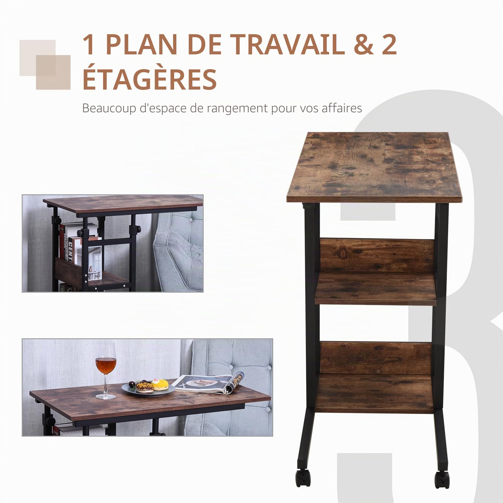 HOMCOM Table 3 Niveaux C roulante canapé Hauteur réglable