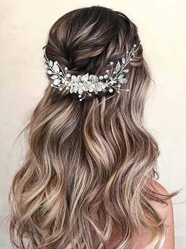 GORAIS Accesorio para el cabello de novia para boda, diseño de flores de vid y diamantes de imitación, accesorio para el cabello para mujer, Perla
