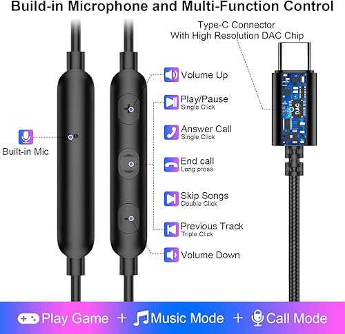 Miniatura 3 de Auriculares USB C con cable para Samsung A53 A54 S23 S22 S21 S20 Galaxy Z Flip 5 Fold 4 in-Ear Cancelación de ruido Tipo C Auriculares con micrófono