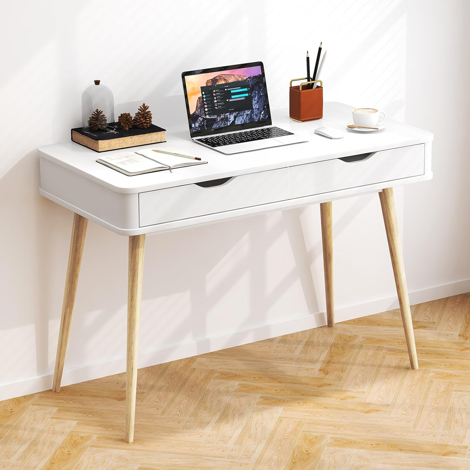POWERSTONE Mid Century Office Desk with 2 Drawers - Vintage Writing Desk Computer Workstation with Sturdy Rubberwood Legs & Spacious 43.5" Desktop for Home Office Bedroom White