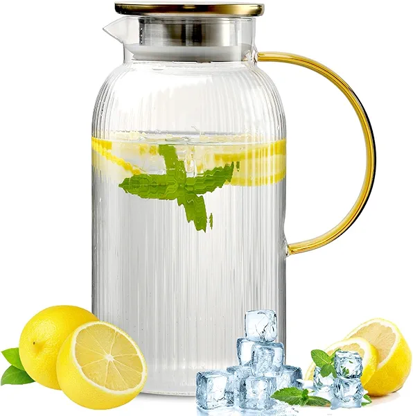 68 oz/2 Liter Glass Pitcher with Lid,Hand Blown Glass Water Pitcher for Cold Brew Coffee,Hot Water, Milk, Modern Vertical Stripes Iced Tea,Father's Day Gifts 2000ml-1 PACK