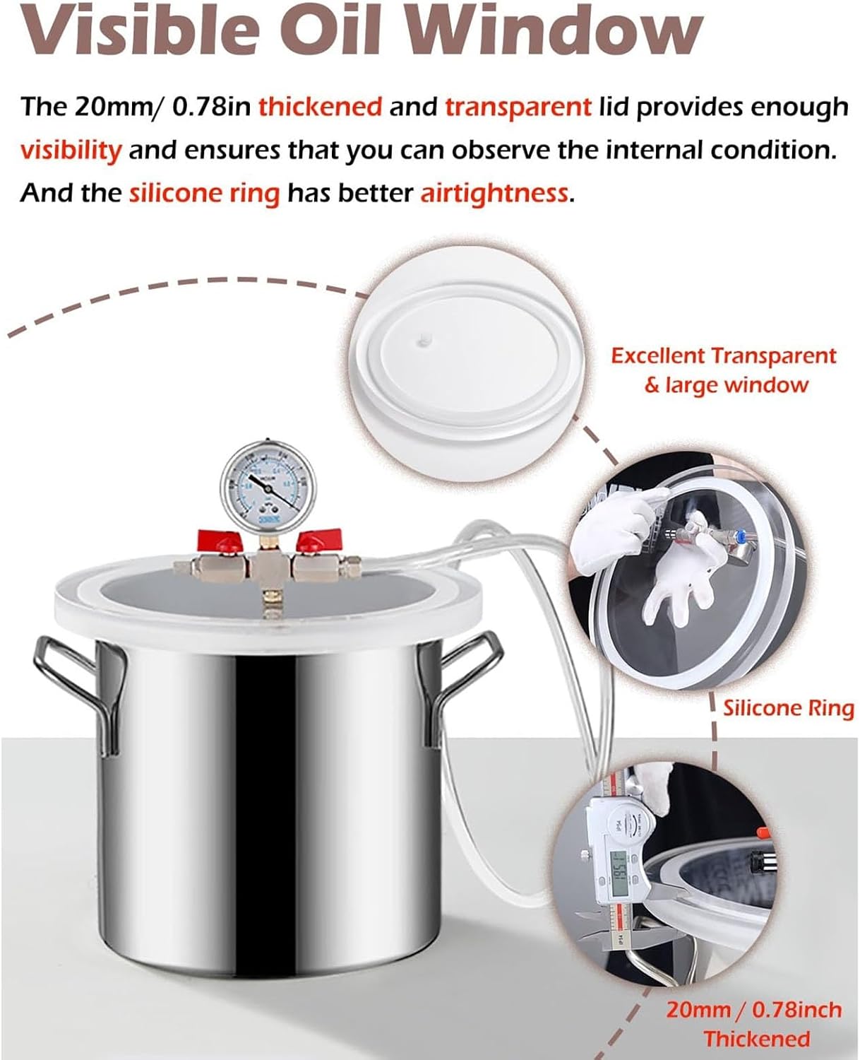 Stainless Steel Vacuum Degassing Chamber, Laboratory Vacuum Kit, 2 3 6 13 20 Gallon Vacuum Chamber, With Clear Acrylic Lid And Hose, For Casting Resin, Epoxy Resin, Stabilizing Wood(50L/13Gal(40x40cm/