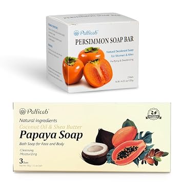 120G 2PCS Round Persimmon Soap for Body Odor, Natural Purifying Deodorizing & 3 PCS Papaya Soap, Natural Gentle Exfoliation Soap for All Types