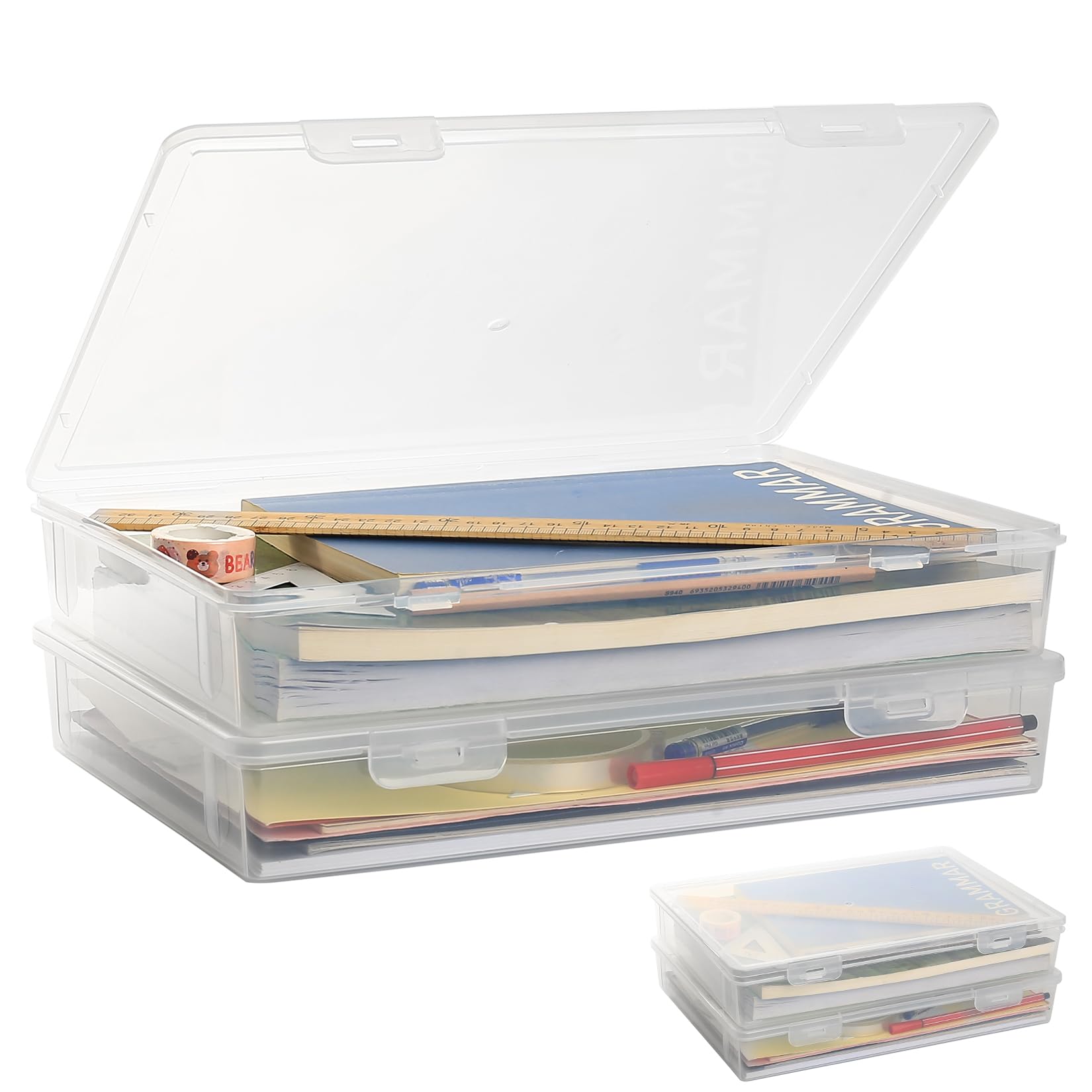 Scatole Porta Documenti A4 In Plastica Trasparente Con Coperchio | 2 Pezzi Impilabili | Contenitore Per Fogli E Cancelleria 30,5x21,3x5 Cm