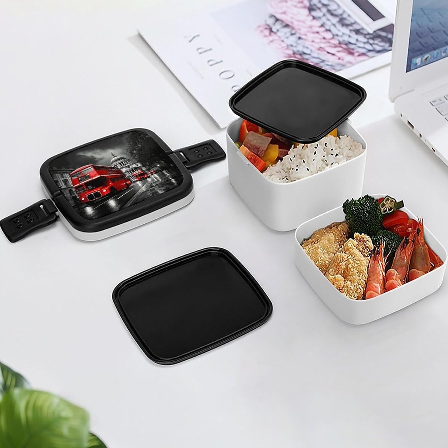 Red Bus Bento Box Adult Lunch Box Sealed Bento Lunch Boxes with Spoon Sturdy Double Layer Bento Boxes Snap-on Design Leak Proof Lunch Containers Ideal for Work