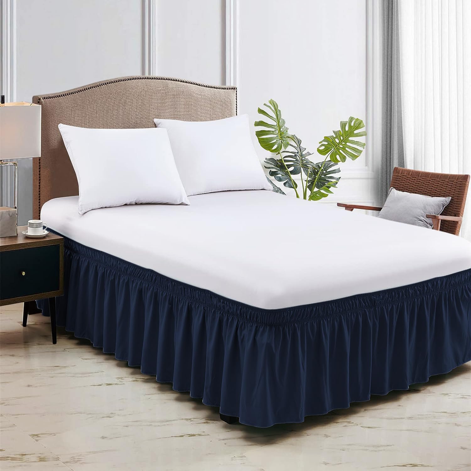 Wrap Around Bed Skirt Navy Blue Cal King Size 12 Inch Tailored Drop, Soft Double Brushed Premium Microfiber, Luxury, Easy to Care Wrinkle/Fade