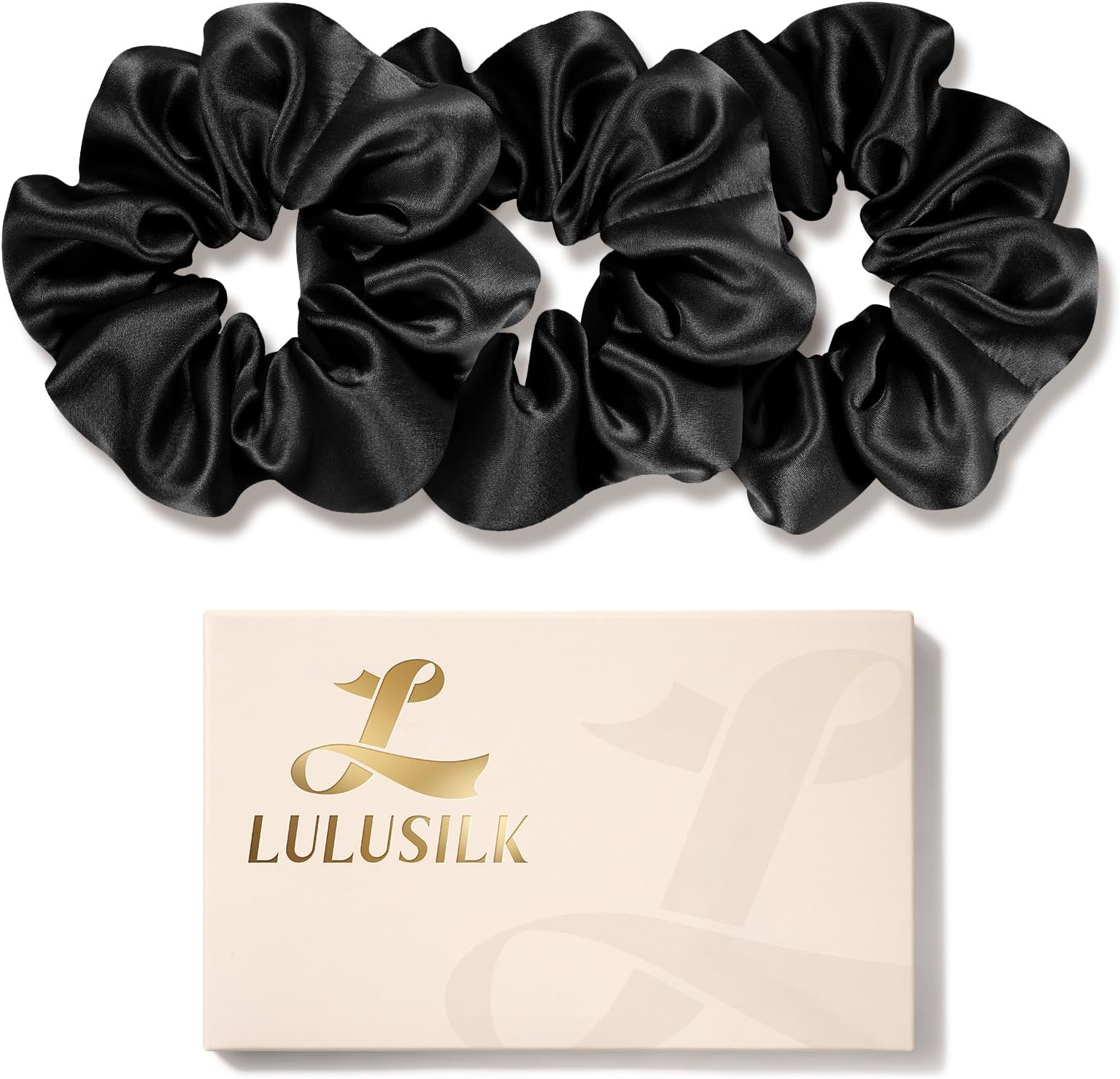 LULUSILK Silk Scrunchies for Hair Sleep, 100% Real Mulberry Silk, No Damage Hair Ties for Women and Girls, Classic Black, Pack of 3