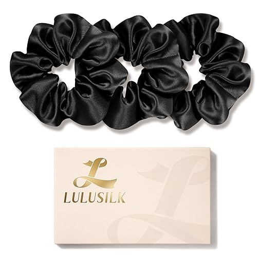 LULUSILK Silk Scrunchies for Hair Sleep, 100% Real Mulberry Silk, No Damage Hair Ties for Women and Girls, Classic Black, Pack of 3 - Black