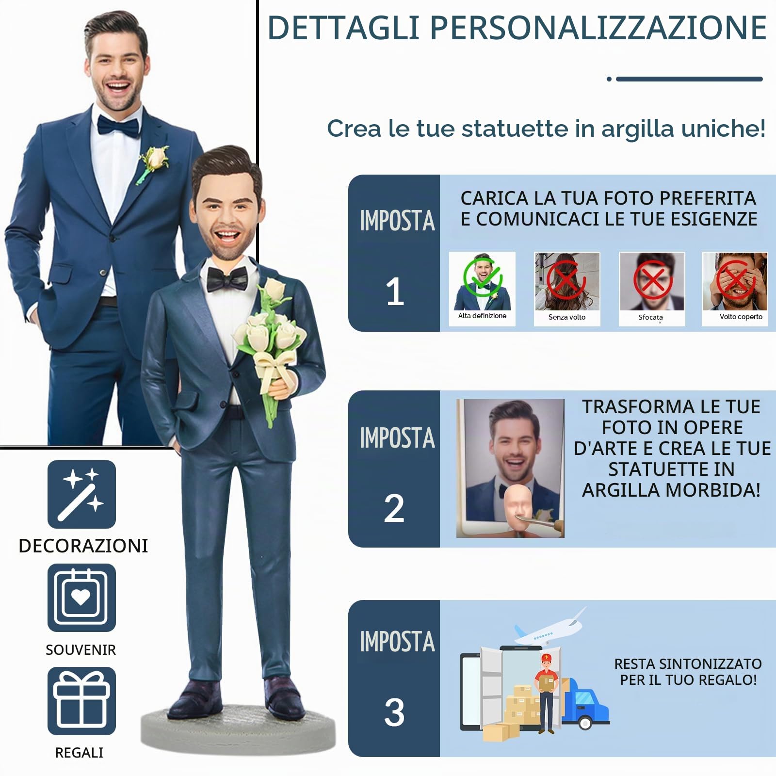 Statuetta Personalizzata da Scrivania - Statuetta 3D in Argilla Polimerica Realizzata a Mano da Una Foto, Un Regalo Memorabile per Compleanni, Matrimoni e Decorazioni per la Casa