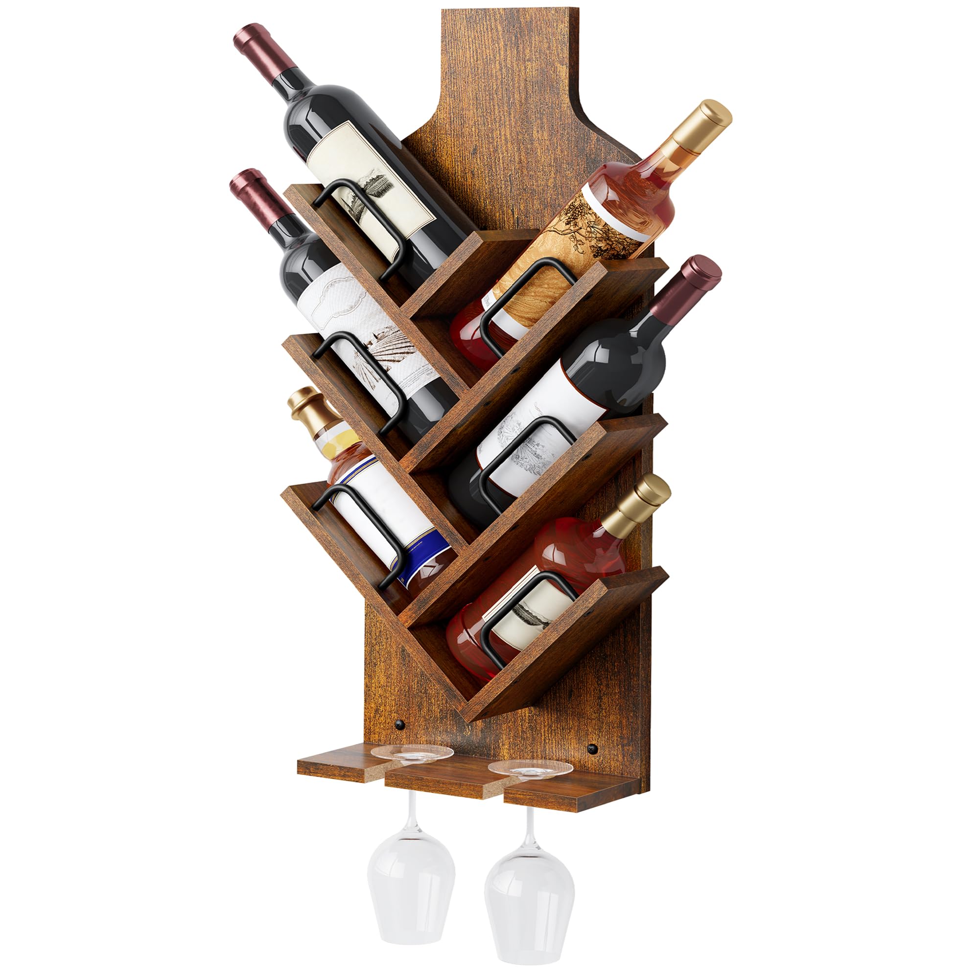 FAVOOSTY Wall Mountes Wine Rack for 6 Bottles, Wooden Wine Bottle Rack, Glass Holder Display Shelf for Kitchen Bar Dining Room Living Room, Rustic Brown