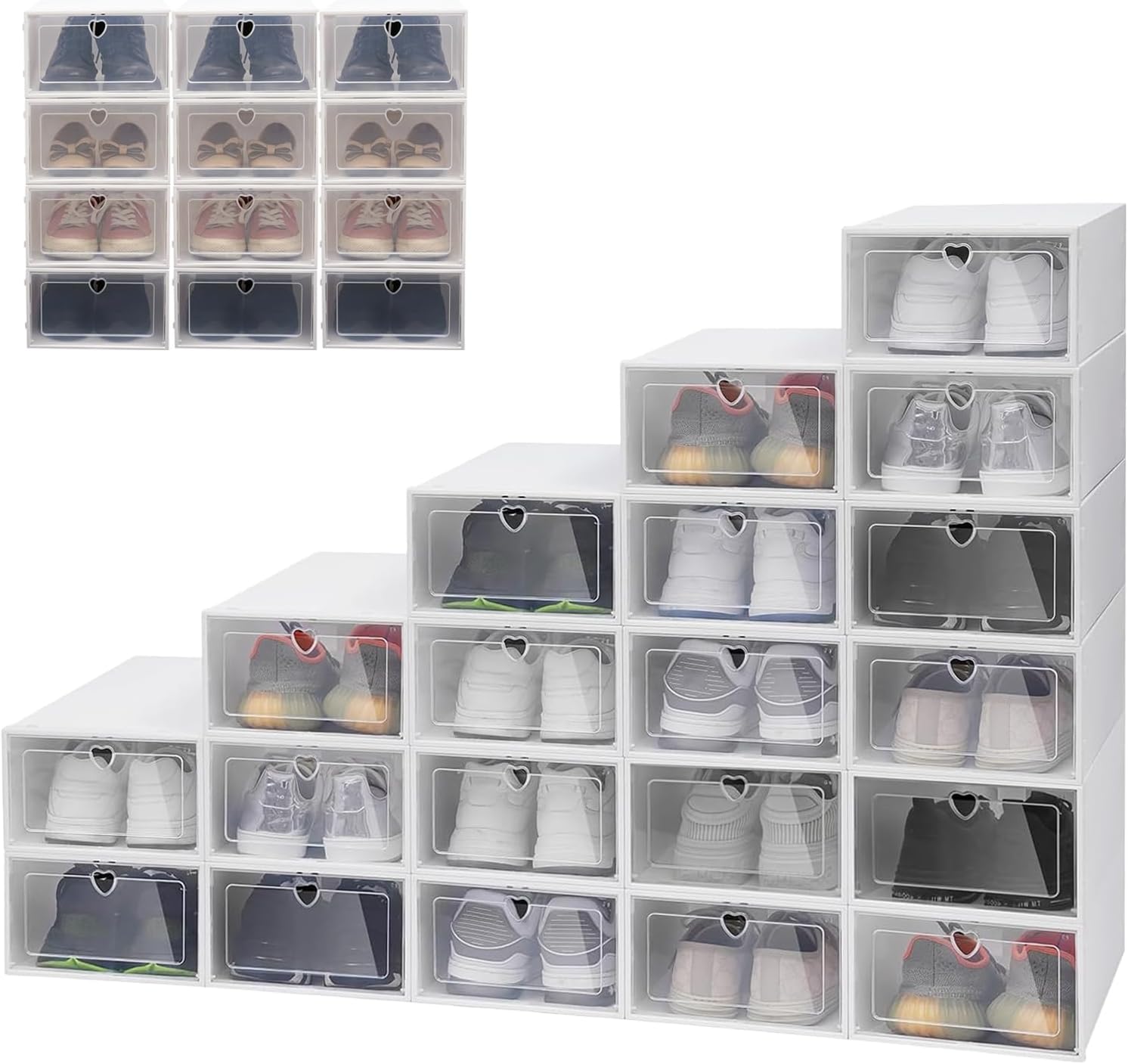 20-Pack Stackable Clear Shoe Storage Boxes, Foldable Shoe Organizer with Flip Doors & Heart Handles, Space-Saving Shoe Box Storage for Closet, Easy Access, Fits Up to US Size 10/9