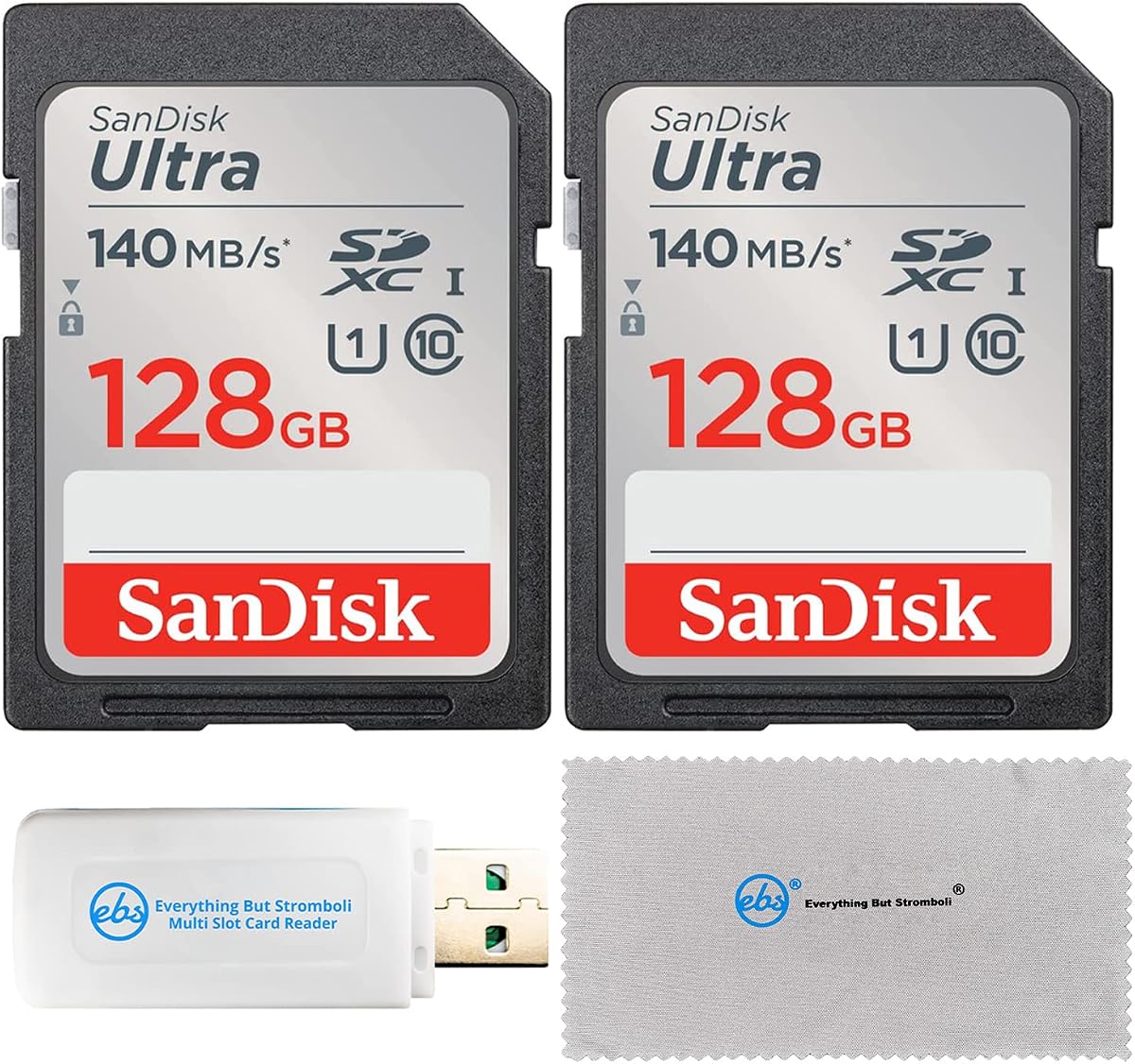 SanDisk 128GB SD Ultra Memory Card (Two Pack) Works with Canon Cameras | For EOS Rebel T7, Rebel T6 Models SDSDUNB-128G-GN6IN Bundle with (1) Everything But Stromboli Card Reader & Micro Fiber Cloth
