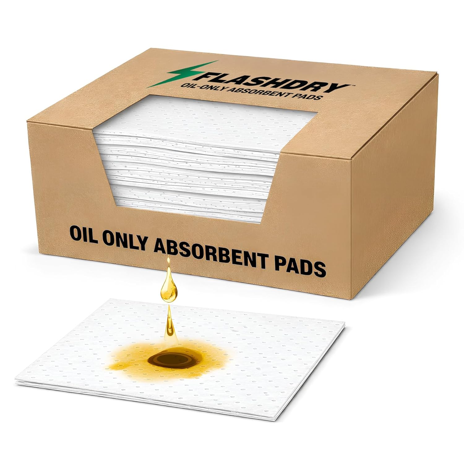 FlashDry Oil Absorbent Pads: Water-Repellent, High Absorbency for Oil Spills, Tear-Resistant Mats 17.5x13.5in, 100ct Garage Marine Use
