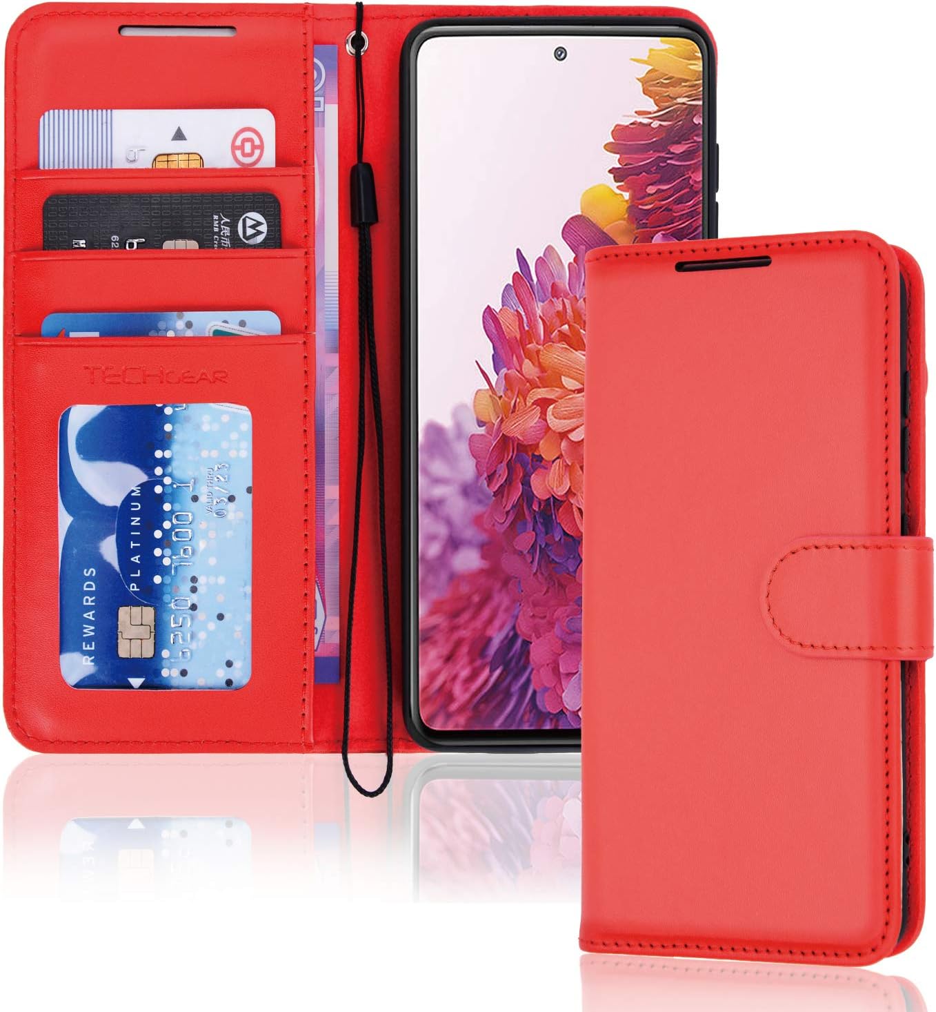TECHGEAR Galaxy S20 FE Leather Wallet Case, Flip Protective Case Cover with Wallet Card Holder, Stand and Wrist Strap