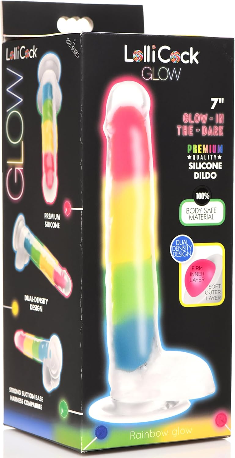 LOLLICOCK 7" Glow-in-The-Dark Rainbow Premium Silicone Dildo with Balls for Men, Women, & Couples. Strong Suction Base Firm & Flexible Harness Compatible. 1 Piece, Rainbow