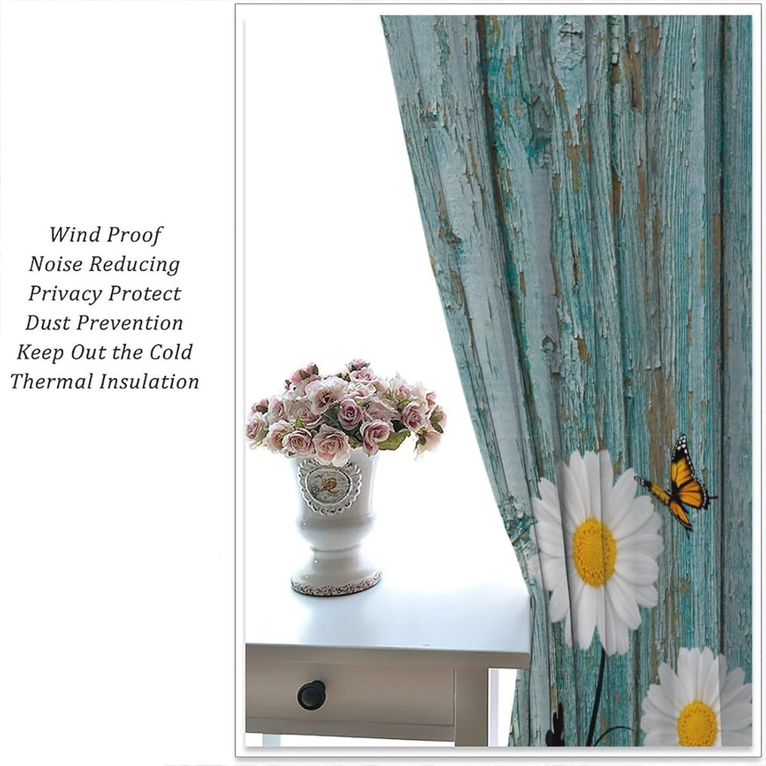 Rustic Floral Kitchen Blackout Curtains, Vintage Green Wood Watercolor Spring Flower Theme Window Treatments for Bedroom Living Room Holiday Dining Decor Drapes, 52x84 Inch