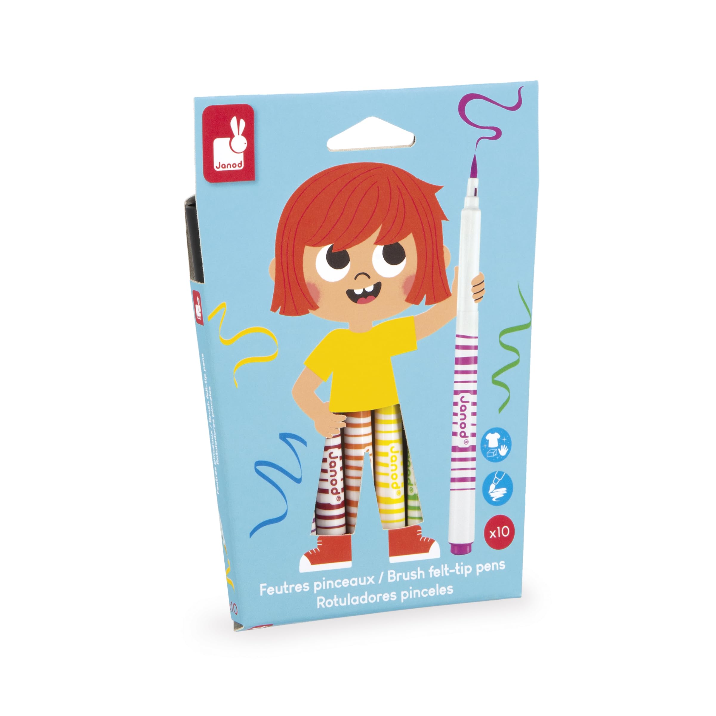 Janod - 10 Washable Coloured Markers with Brush Tips - Assorted Colours - Washable Ink - Colouring for Children - Creative Hobbies and Crafts - Ages 3+ - J07411