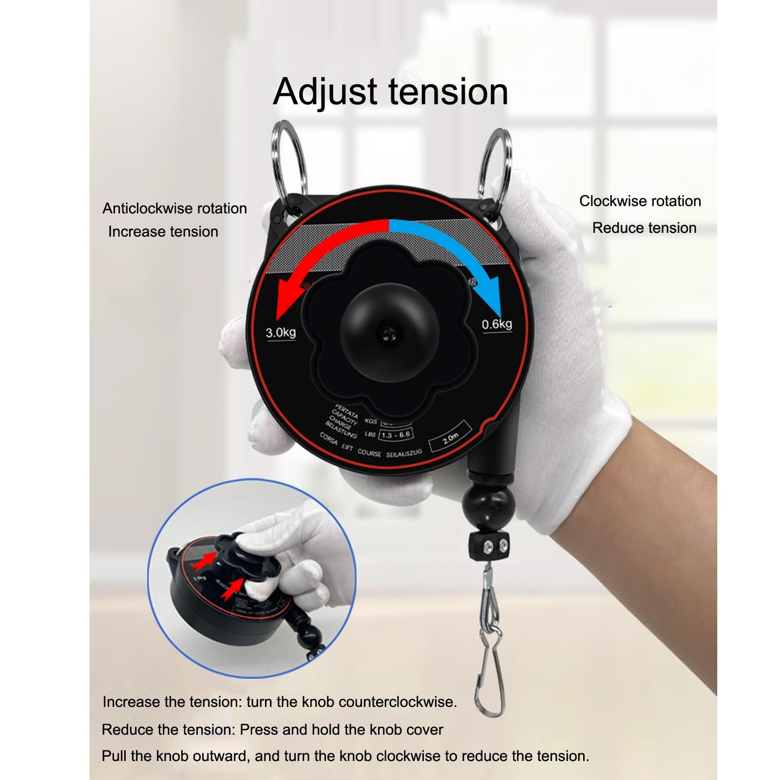 Équilibreur à ressort, support d'outil rétractable Équilibreur d'outils de 2 m de long avec crochet et câble métallique Équilibreur réglable Rétracteur Suspension Tenant l'équipement Noir pour les lig