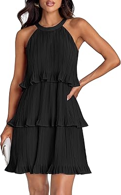 ZESICA Women's 2026 Summer Halter Cocktail Dresses Sleeveless Ruffle Tiered Chiffon Pleated Wedding Guest Mini Dress