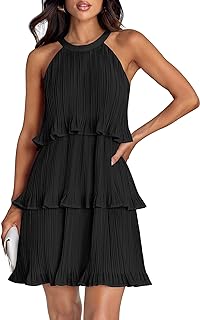 Women's 2025 Summer Halter Dresses Sleeveless Ruffle Tiered Layered Chiffon Pleated A Line Swing Mini Dress - Buy now