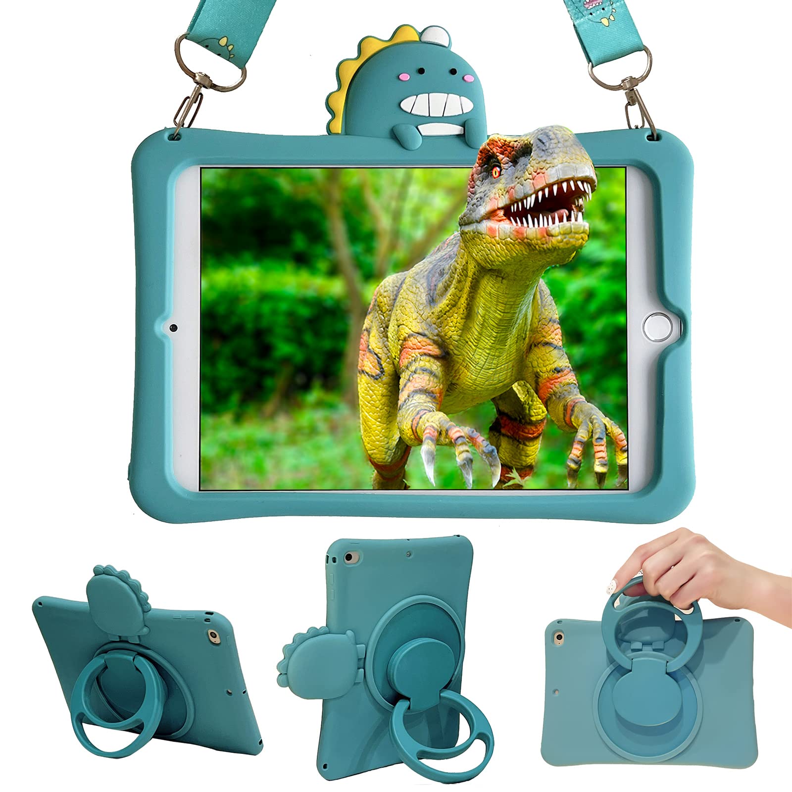 YEARN MALL Kids Case for iPad 10.2 Inch 2021/2020/2019 (9th/8th/7th Generation), Lightweight Flexible Shockproof, Folding Handle, Rotating Stand, Carrying Strap, Dinosaur Kids Case