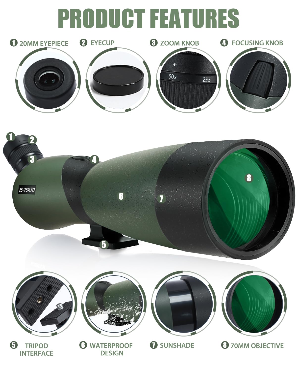 Spektiv 25-75×70, Wasserdichtes Zielfernrohr mit BAK4 Prisma Stativ Telefon Adapter Tragetasche für Jagd Vogelbeobachtung