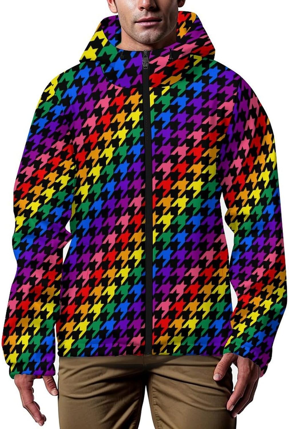 Houndstooth Colorful Men's Windbreaker Jacket Lightweight Hooded Windbreaker Coat with Pockets
