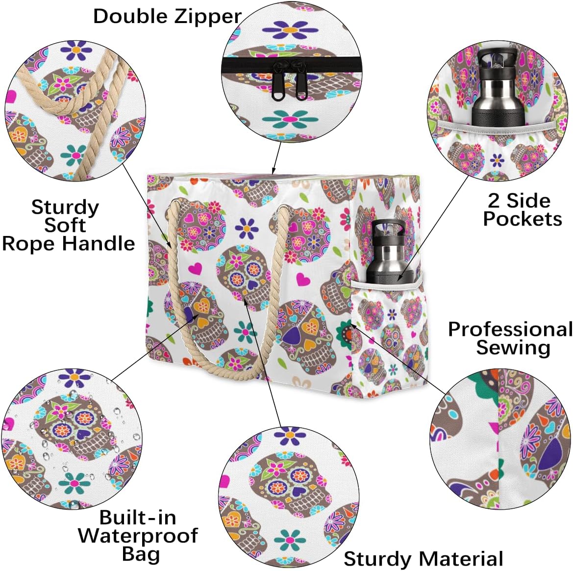 Sugar Skull Flower Heart Beach Bag for Women Waterproof Sandproof Tote with Zipper Cotton Rope Handles for Travel Pool Gym Shopping