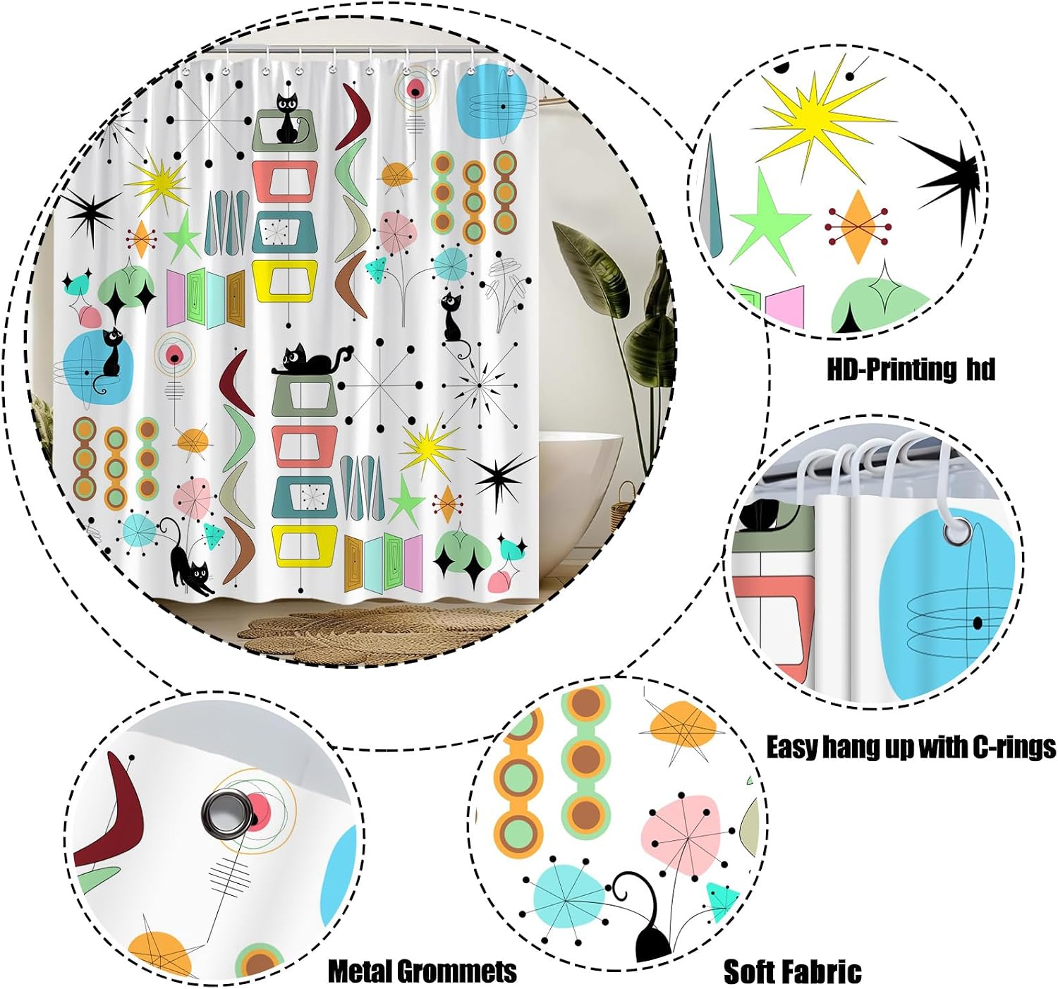 Mid Century Modern Shower Curtain Black Cat Retro Atomic Sputnik Boomerangs Abstract Geometric Iconic 50s 60s Vintage Aesthetics Art Polyester Fabric Bath Decor Curtain with Hooks