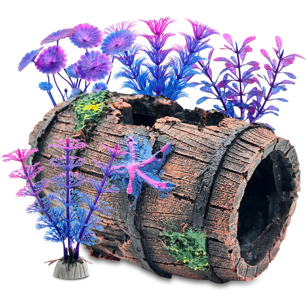 Fish Tank Ornaments, Hiding Fish Tank Decorations, Cave Aquarium Ornaments with 1 Starfish Bucket & 4 Aquarium Plants Wine Bucket Broken Barrel Shape for Shrimp Fish Turtles