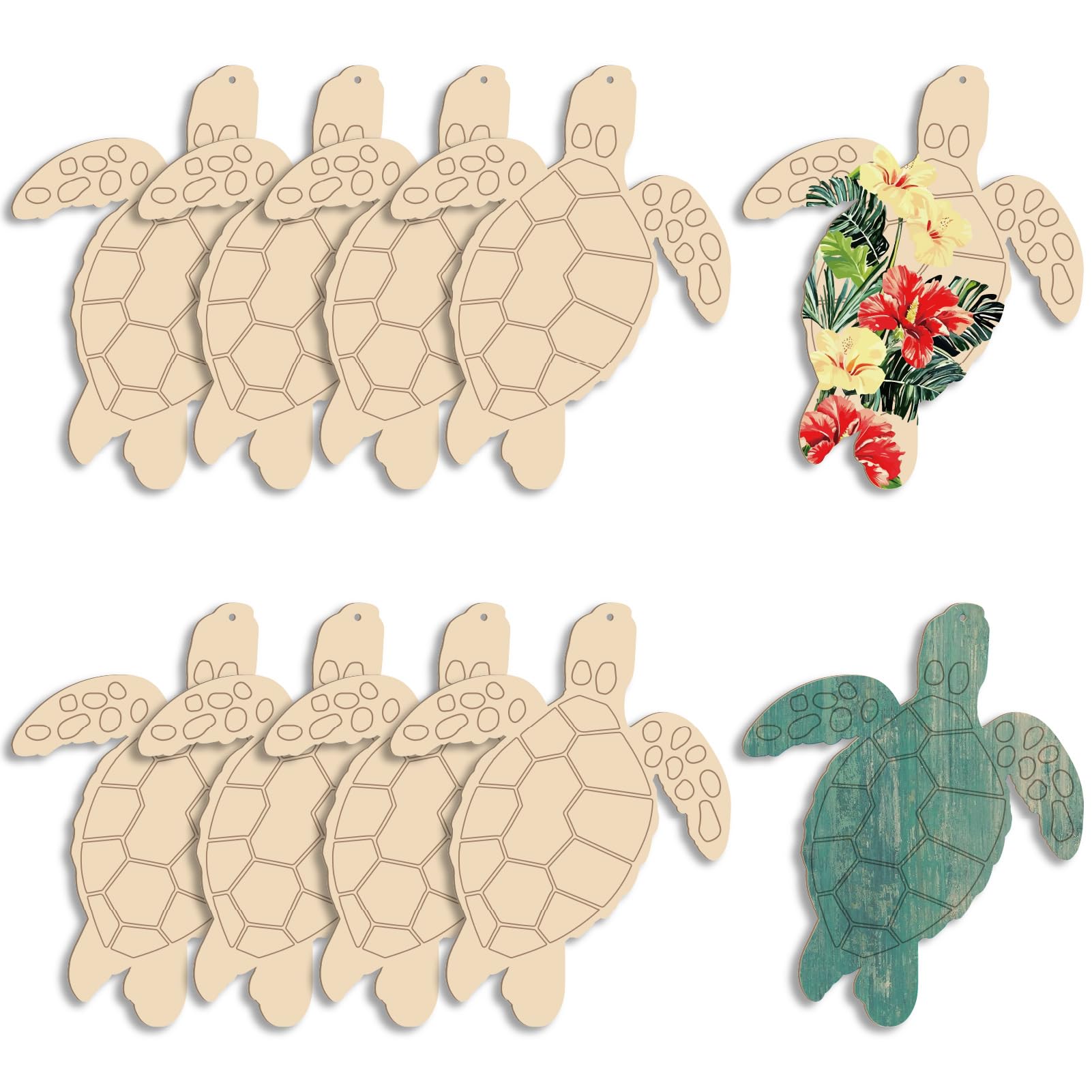CREATCABIN 10Pcs Wood Turtle Ornaments Unfinished Wooden Animal Blanks Summer Sea Ocean Beach Mermaid Life Blank Paint Hanging Cutouts Ornament for Painting Home Decor DIY Crafting 7.1 x 5.7 Inch