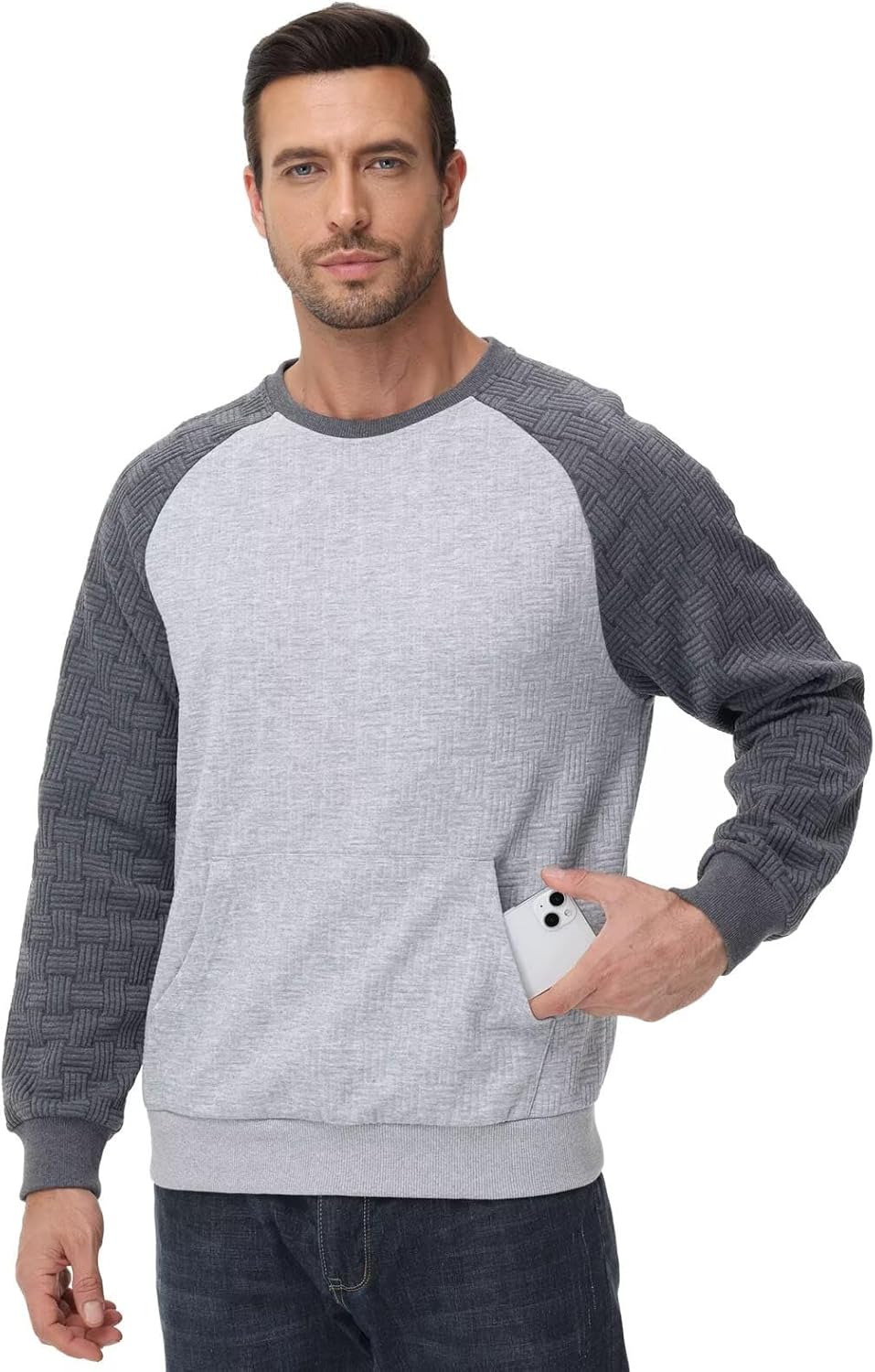 Pdbokew Men's Lightweight Sweatshirts with Kangaroo Pocket Relaxed Fit Crew Neck Pullover Shirt