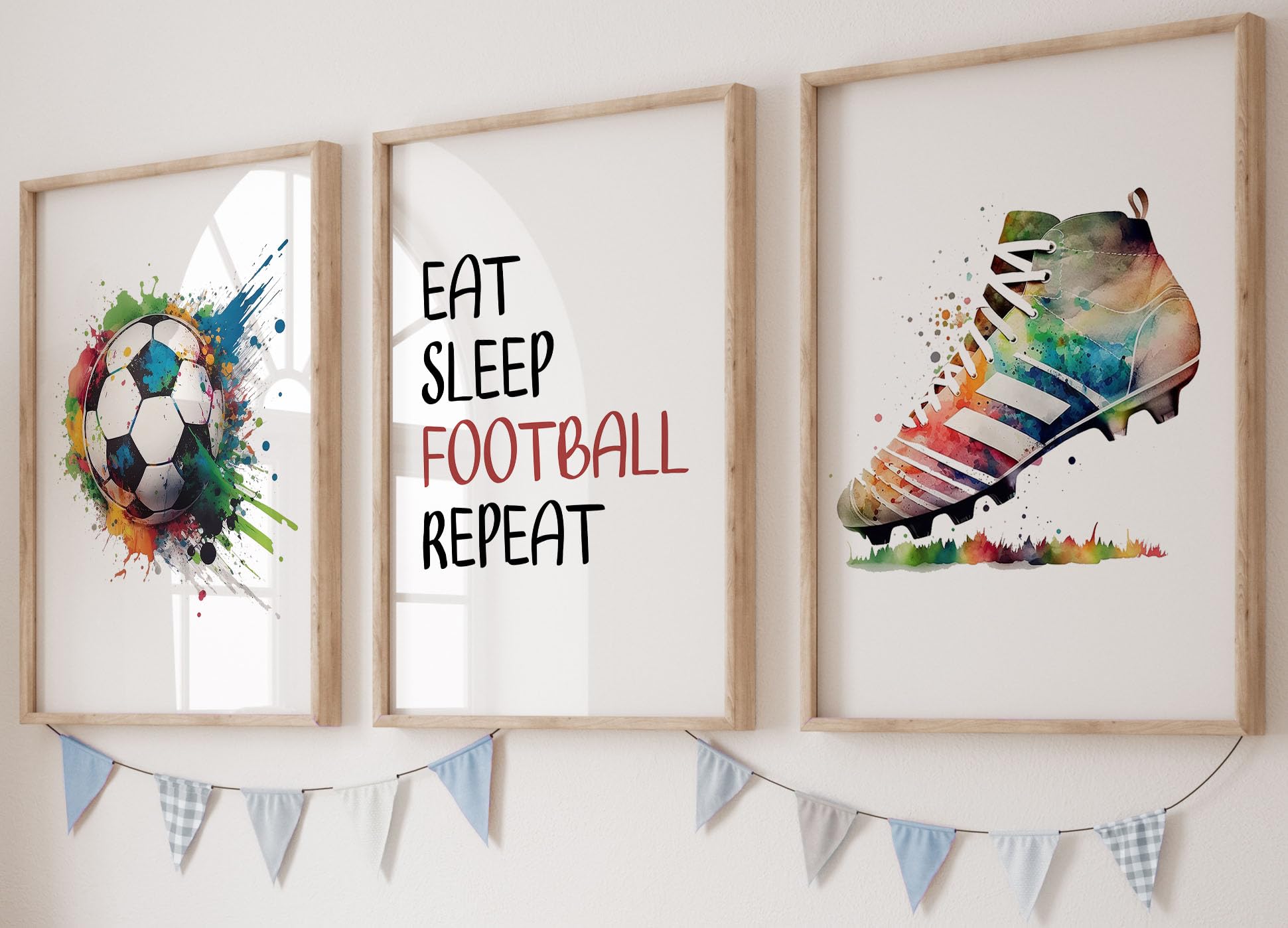 Football Wall Art Set, 3 Unframed Prints, Boots & Ball with Quote, Multi Watercolour Splash, Boys & Girls Bedroom Decor