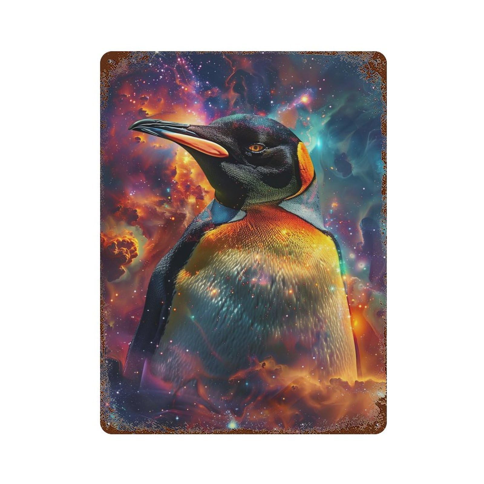 Cosmic Penguin Magic Rusty Metal Tin Sign 15.7"x11.8", Industrial Home Decor for Garage, Pub Or Kitchen