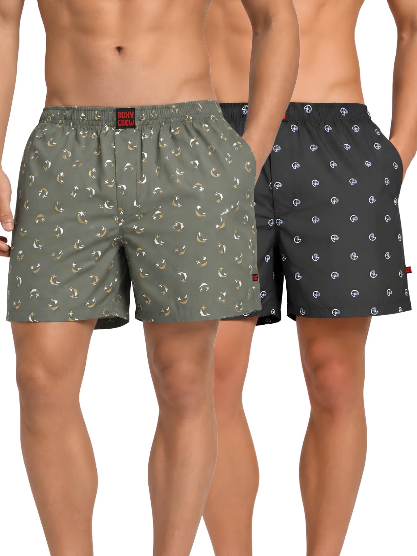 Men Boxer Shorts Pack of 2, 100% Cotton Woven Boxers, Green & Blue, Printed Designs, Dual Side Pockets, No-Marks Inner Elastic Waistband, Relaxed Fit Lounge & Sleep Shorts-image-47