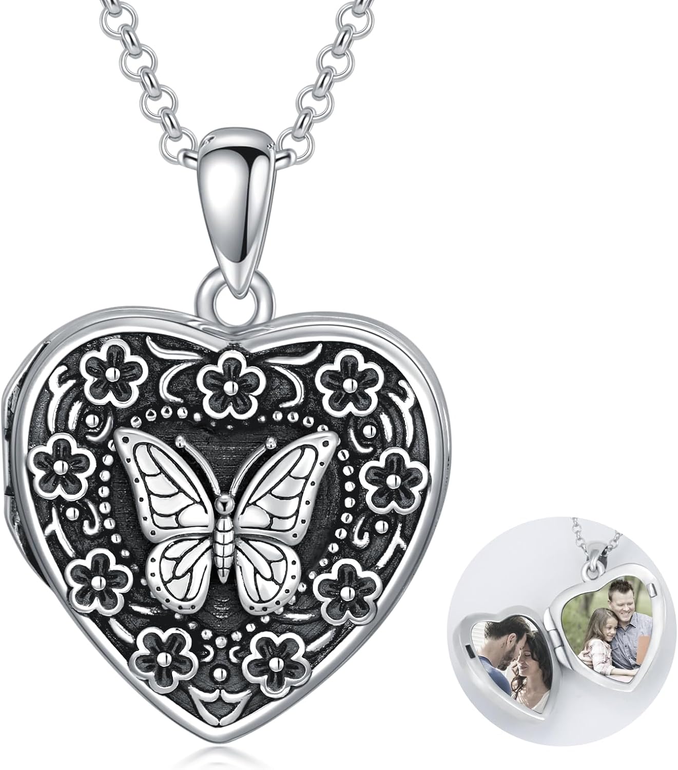 AOBOCO Heart Locket Necklace That Holds Pictures Sterling Silver Flower Lockets Jewelry for Women - Always in My Heart