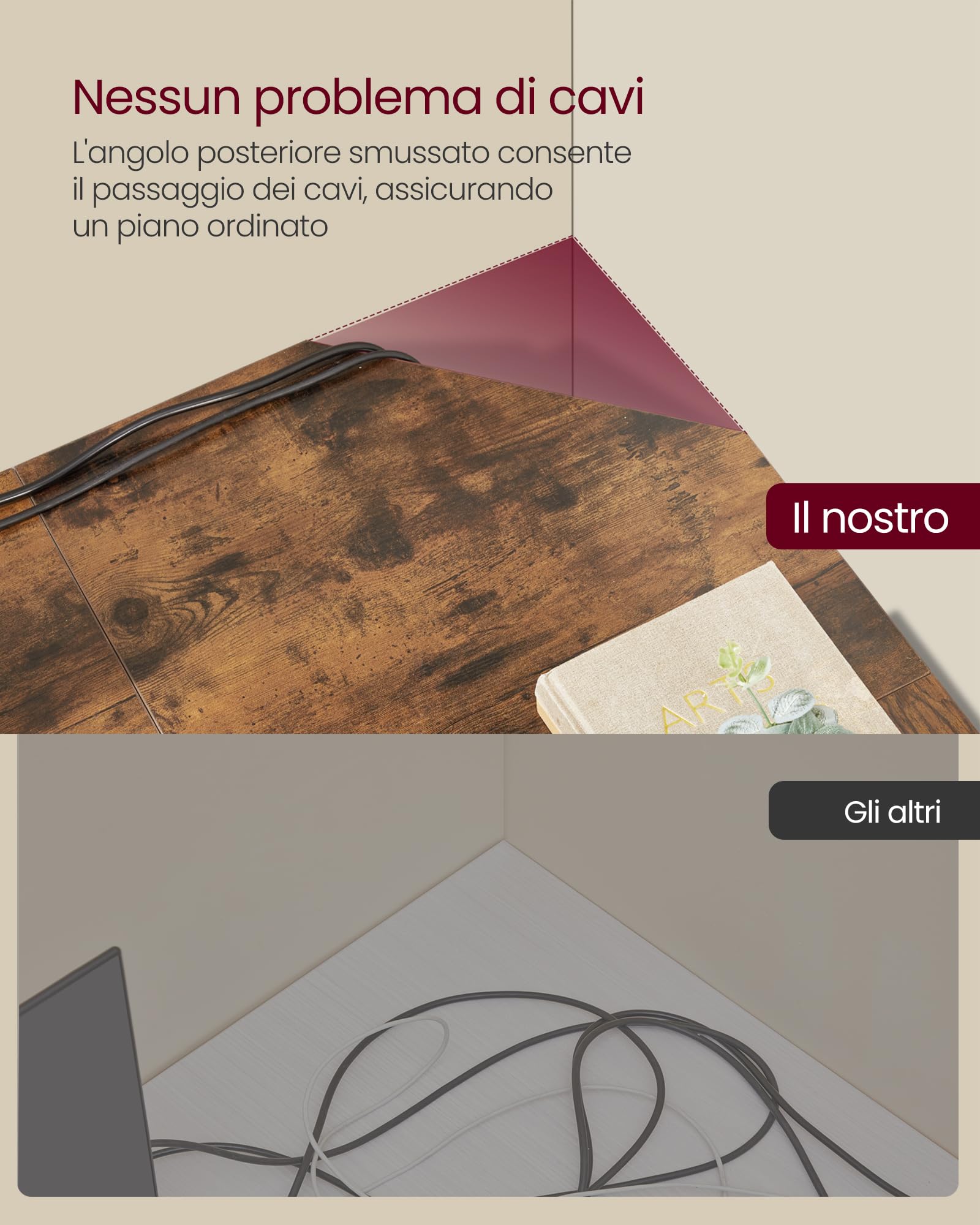VASAGLE Scrivania per Computer a Forma di L, 138 x 138 x 76 cm, Scrivania ad Angolo con 2 Ripiani, per Ufficio Studio, Marrone Vintage e Nero LWD72X