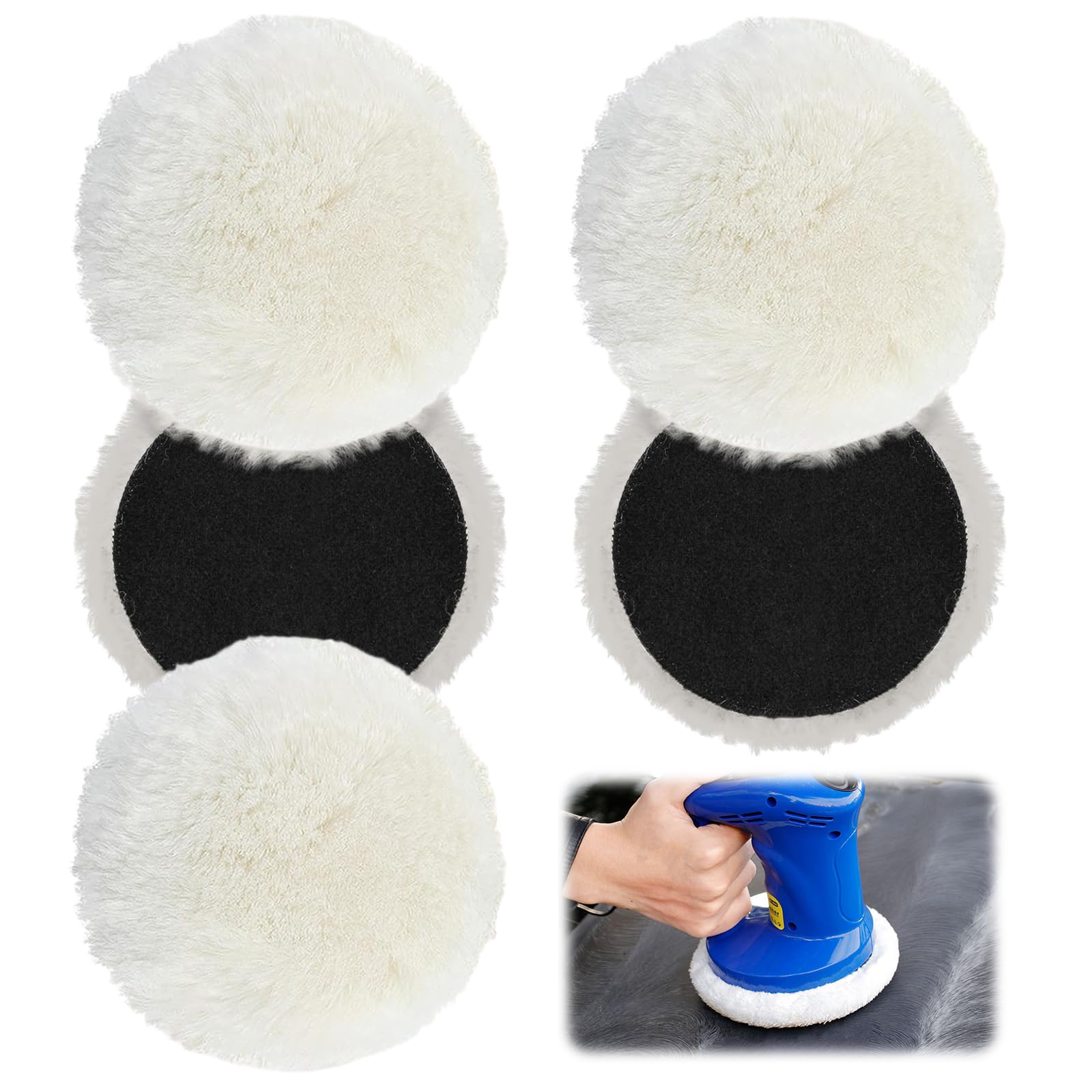 5 pezzi tamponi lucidanti da 150 mm, dischi in lana d'agnello, cuffia di lana tampone lucidante, tampone di lana tampone di lana cuffie lucidanti in pelle d'agnello per auto, fari auto, pavimenti