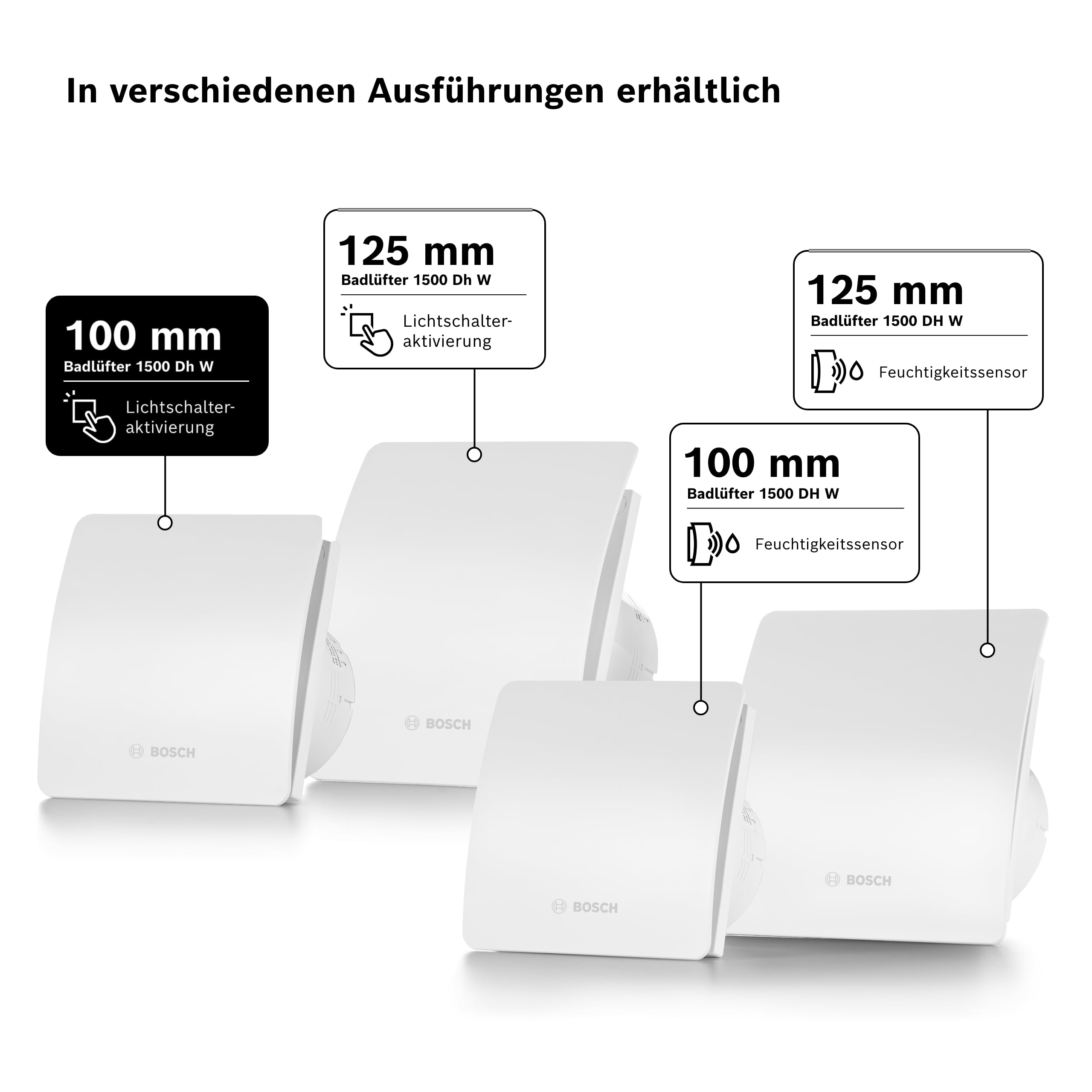 Bosch Badlüfter 1500 100mm - Für Belüftung im Badezimmer und WC, Gegen Feuchtigkeit und Schimmel - Mit Lichtschalter-Aktivierung - 100mm Durchmesser
