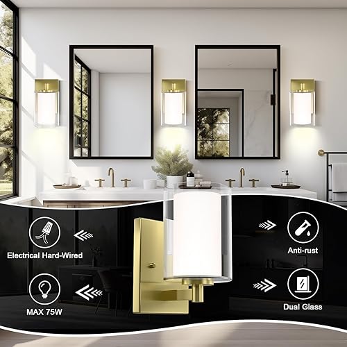 Miniatura 3 de Kalium Juego de dos apliques de pared dorados de doble pantalla de vidrio transparente, luces modernas de tocador para interiores, casa de campo,