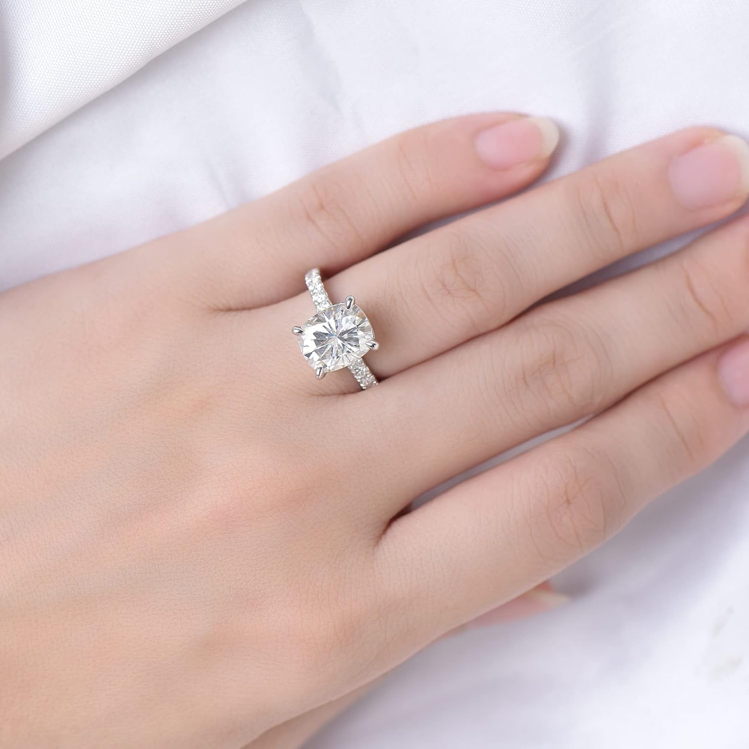 DovEggs Moissanite Engagement Ring for Women Wedding Rings 5ct F-G-H Color Cushion Cut Moissanite Hidden Halo Anniversary Promise for Her Sterling Silver with 18K White Gold Plated