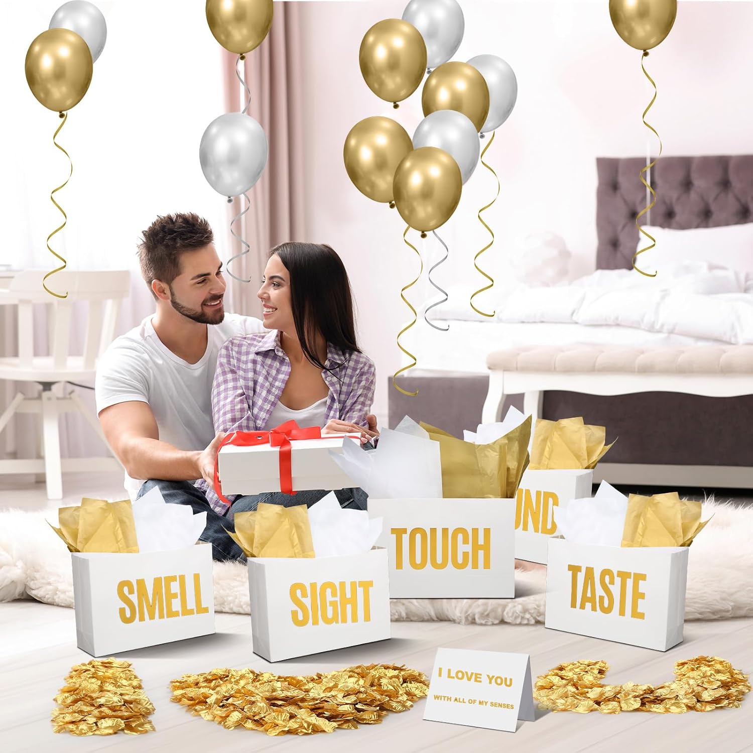 Soulchen 5 Senses Gift Bags for Him Her with Labels, Five Senses Gift Birthday Party Decoration Tissue Paper Handles, Comes with Rose Petals Banner Balloons for Party(Birthday,White Gold)