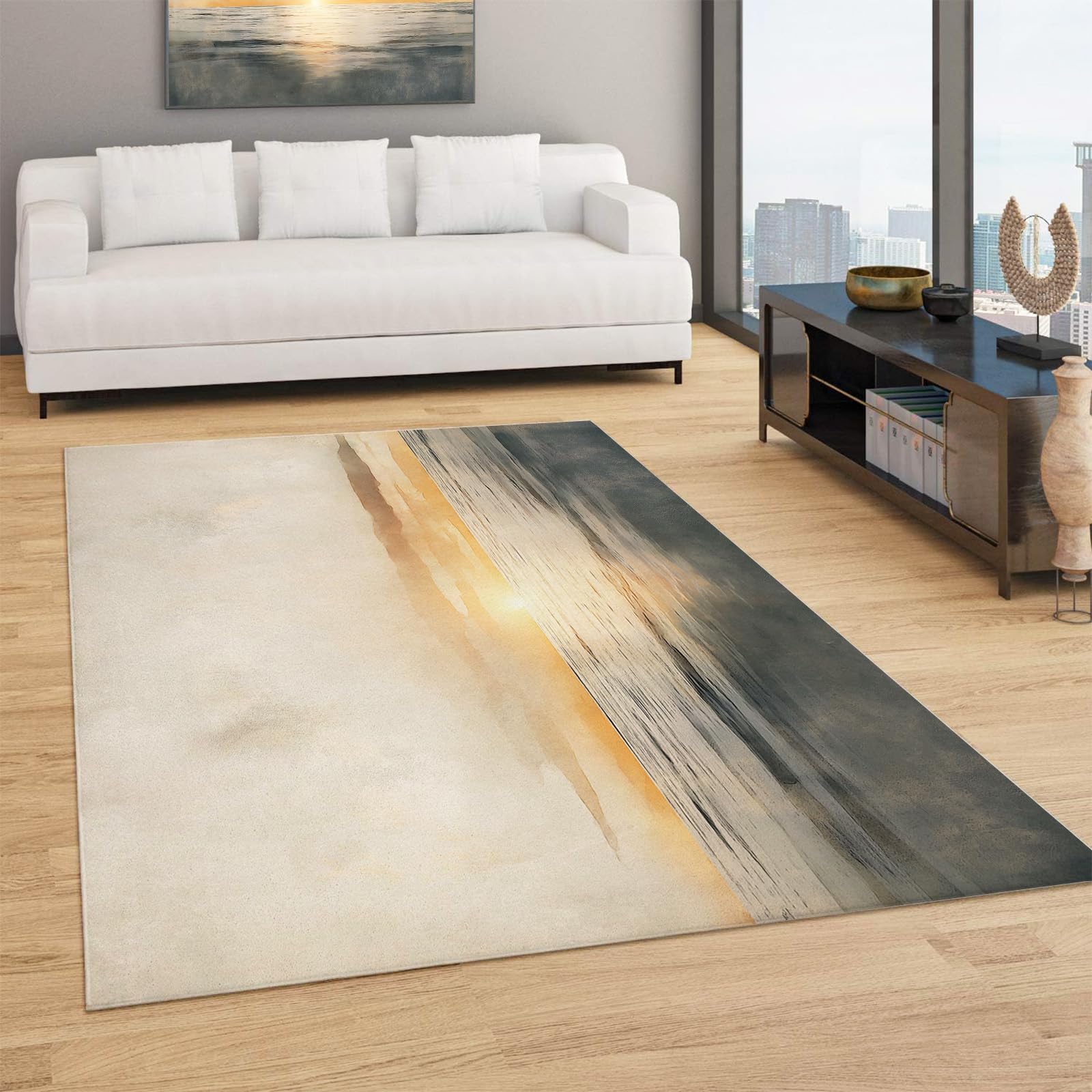 Tapis de salon lavable et antidérapant à texture abstraite