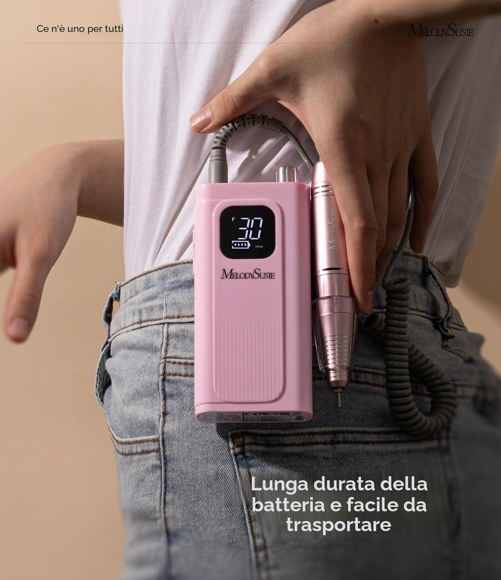MelodySusie Clip-On SC300F - Trapano per unghie senza fili, 30.000 giri/min, per principianti | Durata della batteria 8-12h, 6 punte e 56 nastri abrasivi per modellare, rimuovere gel e studenti in formazione