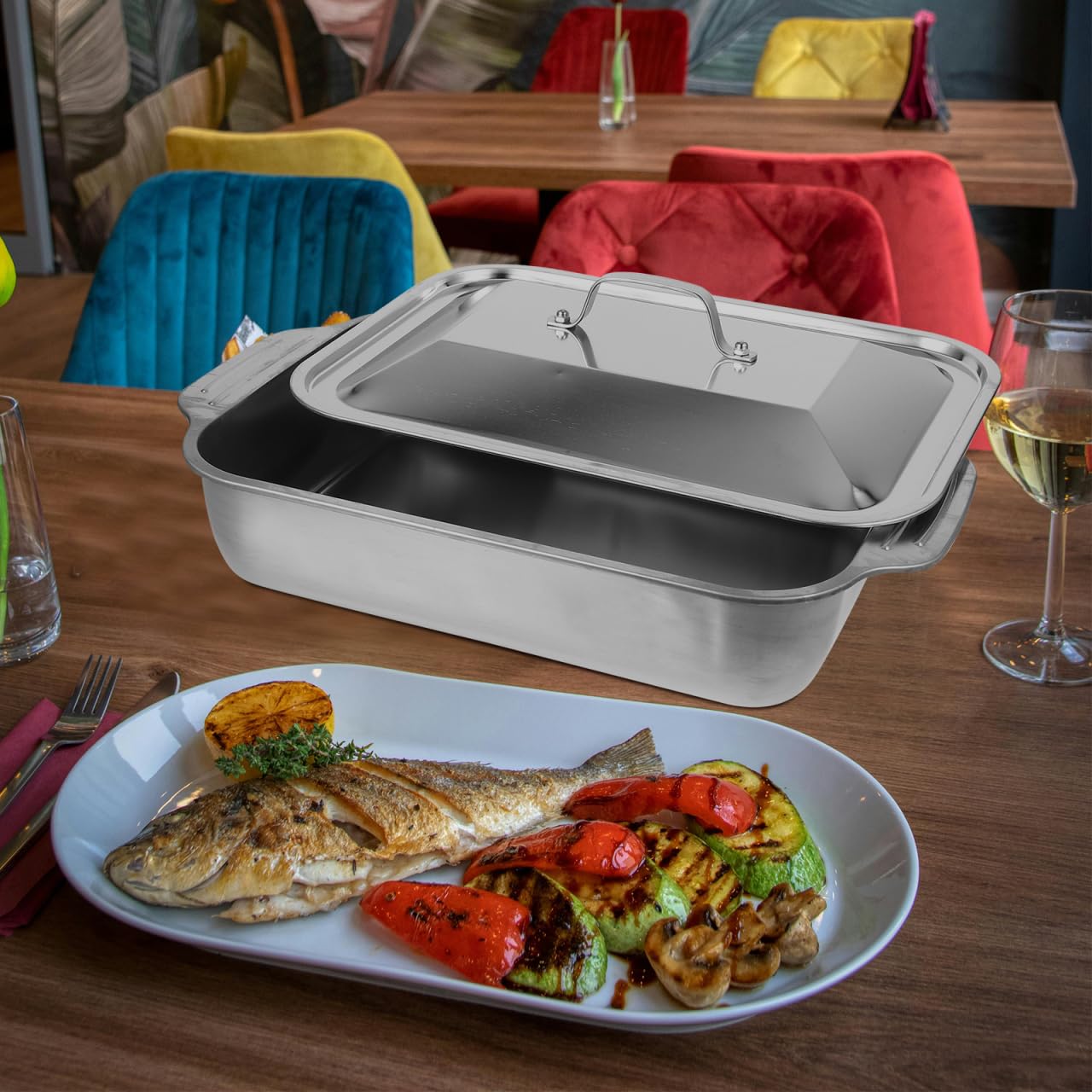 Dimeoni inless - Teglia da forno in acciaio con coperchio, profonda 41 x 24 x 7,5 cm, per pesce, carne e vetables, perfetta per forno e grill, e pentole versatili